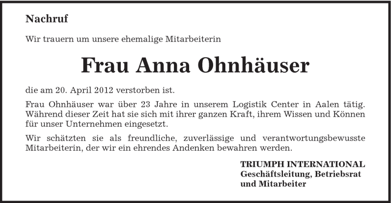  Traueranzeige für Anna Ohnhäuser vom 03.05.2012 aus Schwäbische Post