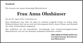 Traueranzeige von Anna Ohnhäuser von Schwäbische Post