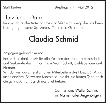 Traueranzeige von Claudia Schmid von Schwäbische Post