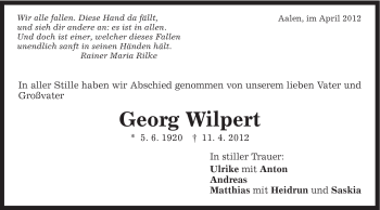 Traueranzeige von Wilpert Georg von Schwäbische Post