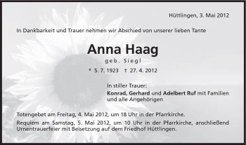 Traueranzeige von Anna Haag von Schwäbische Post