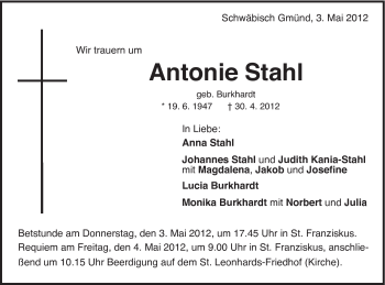 Traueranzeige von Antonie Stahl von Gmünder Tagespost
