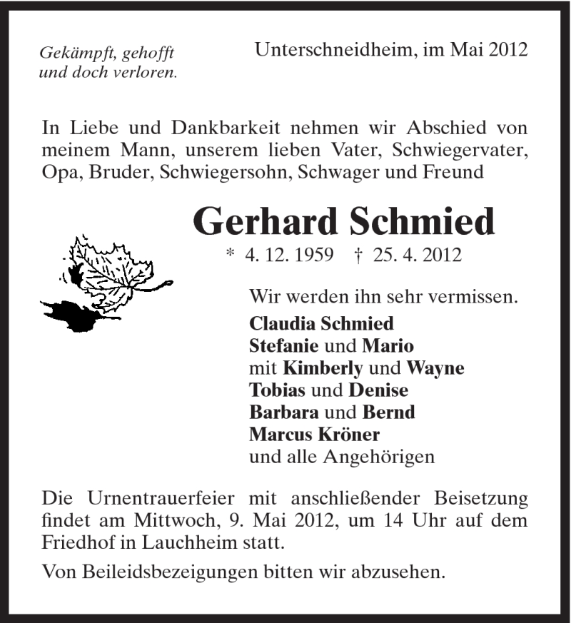  Traueranzeige für Gerhard Schmied vom 07.05.2012 aus Schwäbische Post