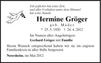 Traueranzeige von Hermine Gröger von Schwäbische Post