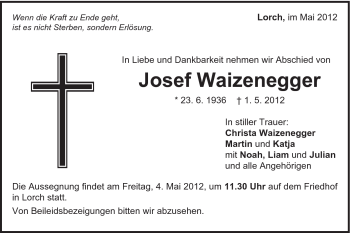 Traueranzeige von Josef Waizenegger von Gmünder Tagespost