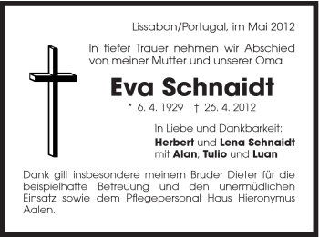 Traueranzeige von Eva Schnaidt von Schwäbische Post