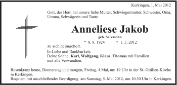 Traueranzeige von Anneliese Jakob von Schwäbische Post