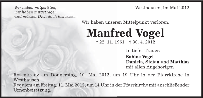  Traueranzeige für Manfred Vogel vom 05.05.2012 aus Schwäbische Post