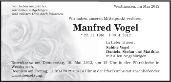 Traueranzeige von Manfred Vogel von Schwäbische Post