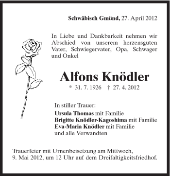 Traueranzeige von Alfons Knödler von Gmünder Tagespost