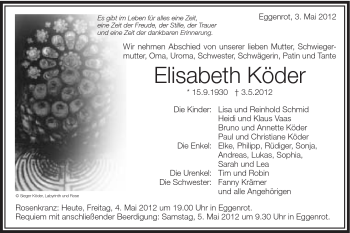 Traueranzeige von Elisabeth Köder von Schwäbische Post