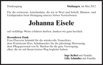 Traueranzeige von Johanna Eisele von Gmünder Tagespost