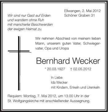 Traueranzeige von Bernhard Wecker von Schwäbische Post