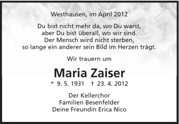 Traueranzeige von Maria Zaiser von Schwäbische Post