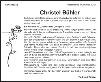 Traueranzeige von Christel Bühler von Schwäbische Post