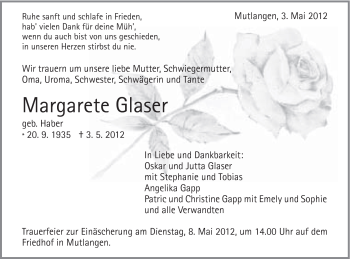 Traueranzeige von Margarete Glaser von Gmünder Tagespost