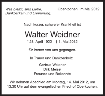 Traueranzeige von Walter Weidner von Schwäbische Post