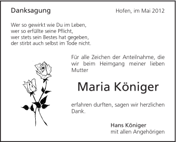 Traueranzeige von Maria Königer von Schwäbische Post
