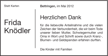Traueranzeige von Frida Knödler von Gmünder Tagespost