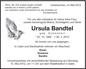 Traueranzeige von Ursula Bandtel von Schwäbische Post