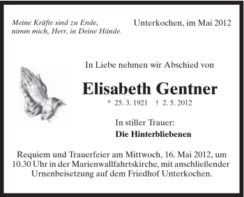 Traueranzeige von Elisabeth Gentner von Schwäbische Post