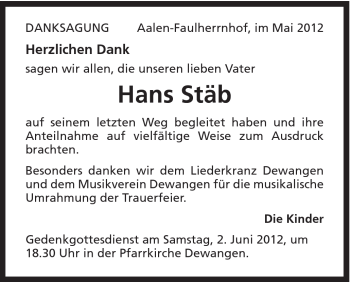 Traueranzeige von Hans Stäb von Schwäbische Post