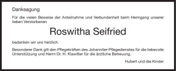 Traueranzeige von Roswitha Seifried von Schwäbische Post