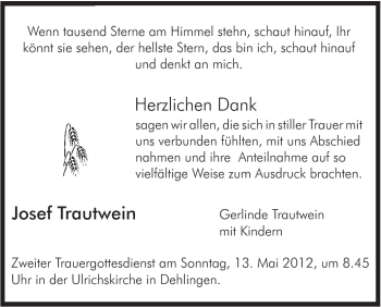 Traueranzeige von Josef Trautwein von Schwäbische Post