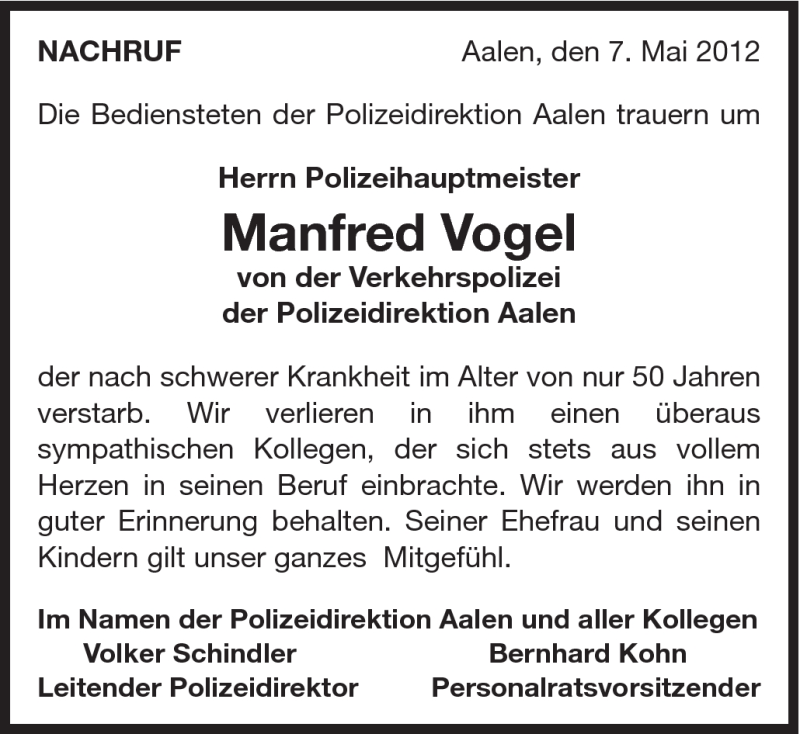  Traueranzeige für Manfred Vogel vom 07.05.2012 aus Schwäbische Post