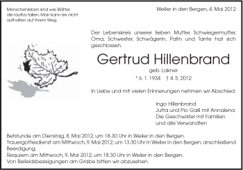 Traueranzeige von Gertrud Hillenbrand von Gmünder Tagespost