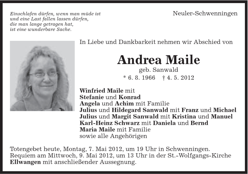  Traueranzeige für Andrea Maile vom 07.05.2012 aus Schwäbische Post