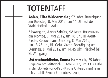 Traueranzeige von Elise Waldenmaier von Schwäbische Post