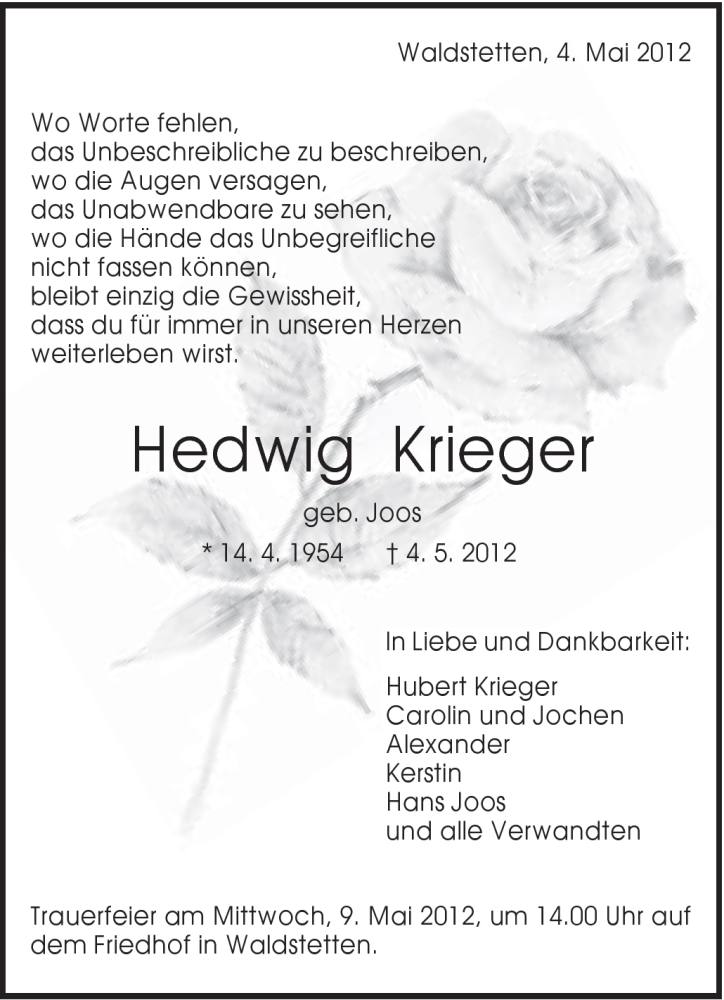  Traueranzeige für Hedwig Krieger vom 07.05.2012 aus Gmünder Tagespost