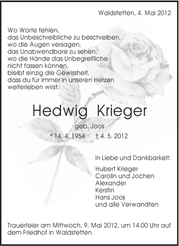 Traueranzeige von Hedwig Krieger von Gmünder Tagespost