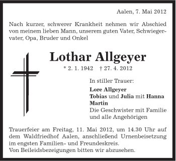 Traueranzeige von Lothar Allgeyer von Schwäbische Post