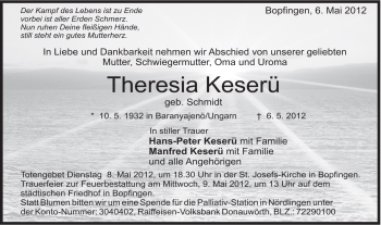 Traueranzeige von Theresia Keserü von Schwäbische Post