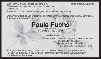 Traueranzeige von Paula Fuchs von Schwäbische Post