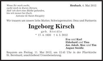 Traueranzeige von Ingeborg Kirsch von Gmünder Tagespost