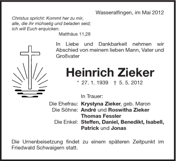 Traueranzeige von Heinrich Zieker von Schwäbische Post