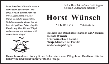 Traueranzeige von Horst Wünsch von Gmünder Tagespost