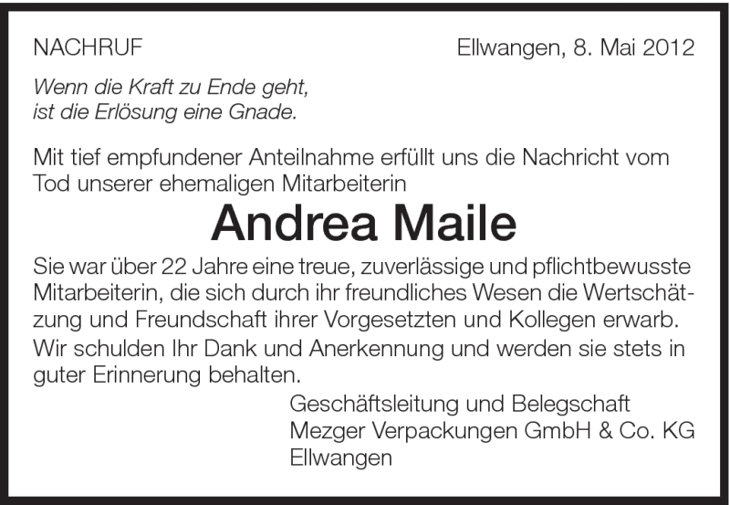  Traueranzeige für Andrea Maile vom 08.05.2012 aus Schwäbische Post