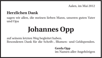 Traueranzeige von Johannes Opp von Schwäbische Post