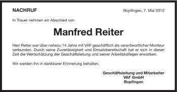 Traueranzeige von Manfred Reiter von Schwäbische Post