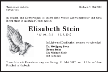 Traueranzeige von Elisabeth Stein von Gmünder Tagespost
