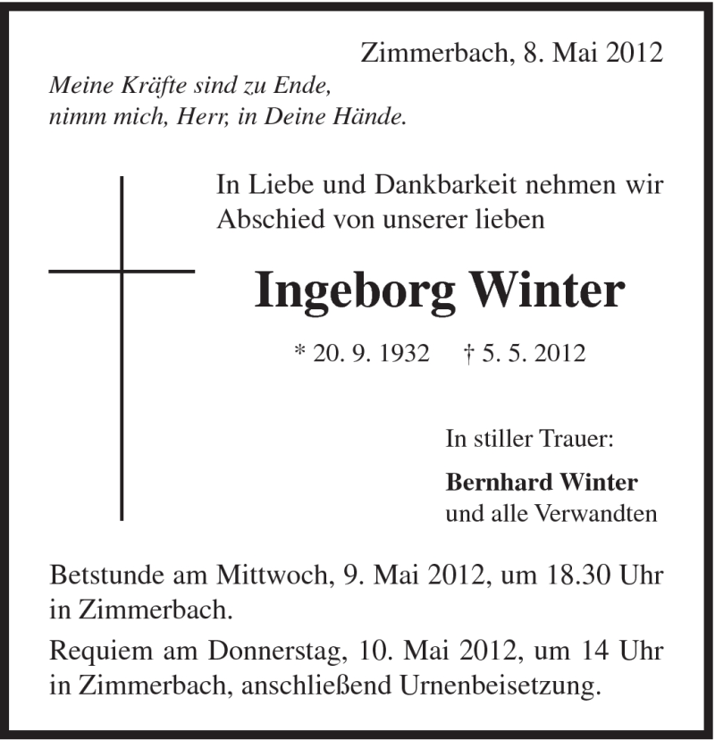  Traueranzeige für Ingeborg Winter vom 08.05.2012 aus Gmünder Tagespost