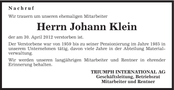 Traueranzeige von Johann Klein von Gmünder Tagespost
