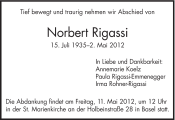 Traueranzeige von Norbert Rigassi von Gmünder Tagespost