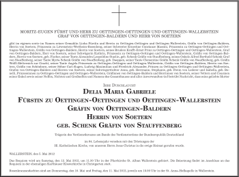 Traueranzeige von Delia Maria zu Oettingen-Oettingen und Oet von Schwäbische Post