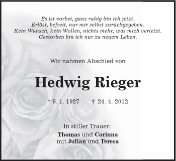 Traueranzeige von Hedwig Rieger von Schwäbische Post