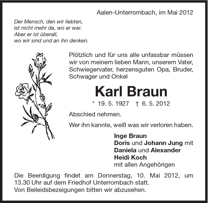  Traueranzeige für Karl Braun vom 08.05.2012 aus Schwäbische Post